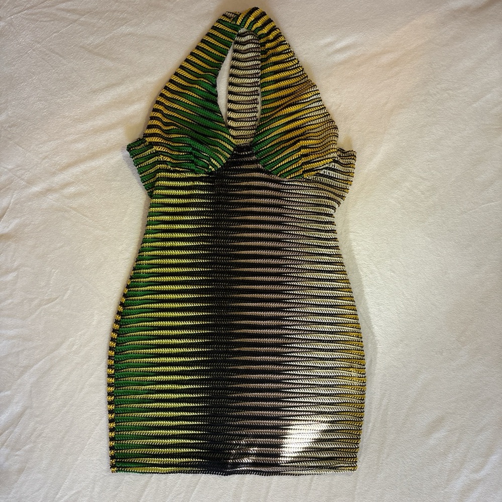Striped Halter Neck Dress - Green, Yellow, Black
